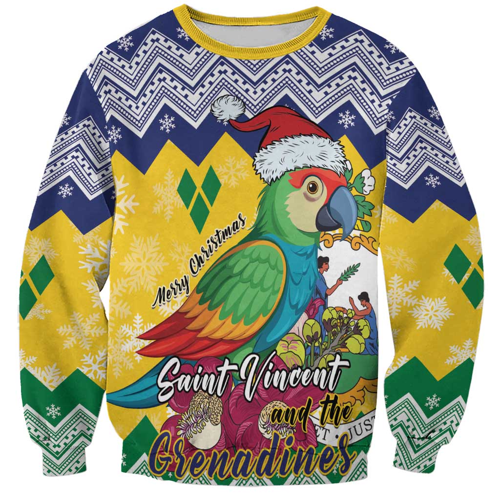 Unisex Christmas sweatshirt with parrot graphic, Santa hat, and zigzag holiday pattern