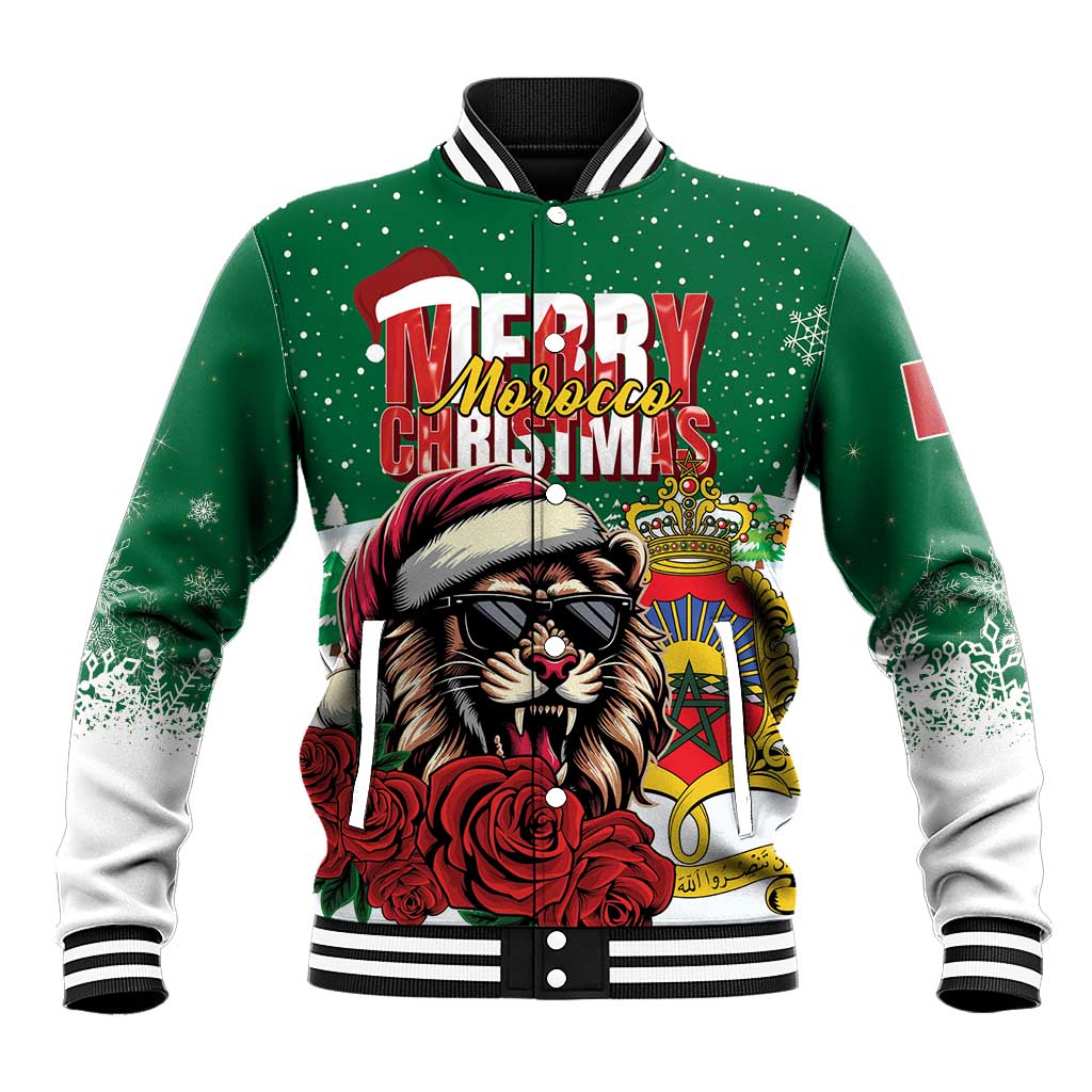 Green baseball jacket with Merry Christmas lion graphic, Santa hat, and rose accents