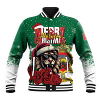 Green baseball jacket with Merry Christmas lion graphic, Santa hat, and rose accents