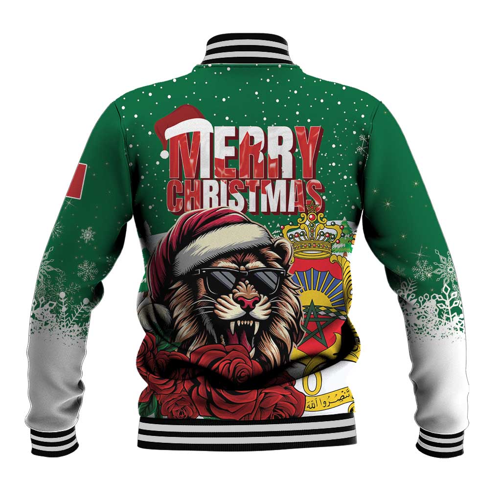 Green baseball jacket back with Merry Christmas text and crowned lion illustration
