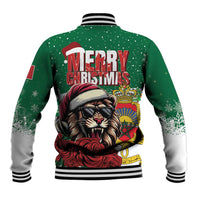 Green baseball jacket back with Merry Christmas text and crowned lion illustration