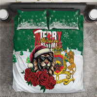 Green and white Christmas bedding set with Santa lion graphic and two decorative pillowcases