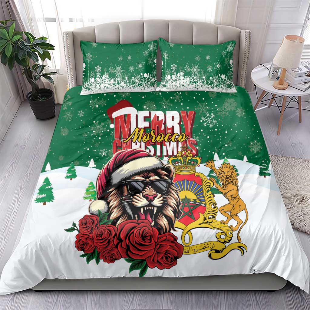 Green and white Christmas duvet set with Santa lion artwork and two matching pillowcases