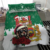 Green and white Christmas duvet set featuring Santa lion, with two matching pillowcases