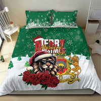 Green and white Santa lion bedding set with rose detail and two matching pillowcases