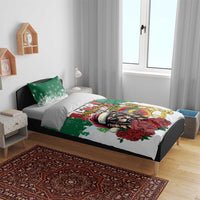 Green and white bedding set on a bed with Santa lion duvet and two pillowcases