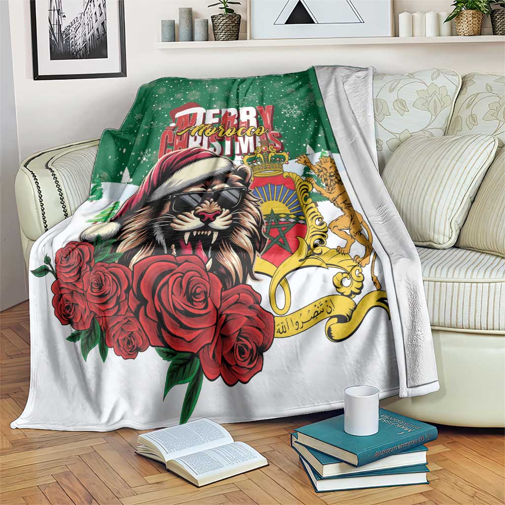Morocco Christmas blanket in green and white, featuring a lion, Santa hat, and roses