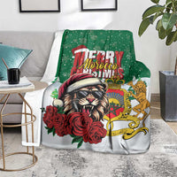 Morocco Christmas blanket folded on a chair, green star background with lion and roses