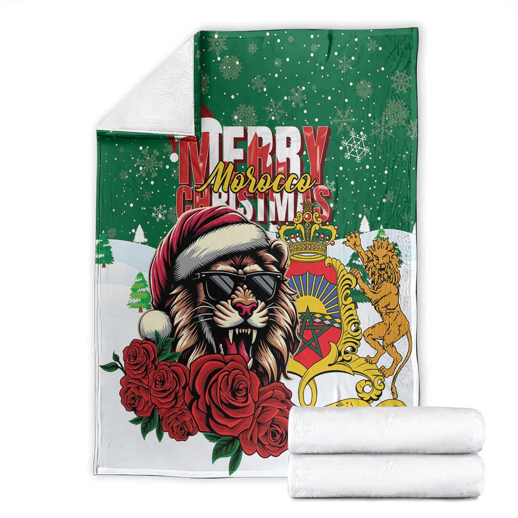 Morocco Christmas blanket with green starry field, lion and Santa hat, plus rolled spare fabric