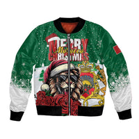 Green bomber jacket with zipper, Santa lion graphic, red roses, and Merry Christmas print
