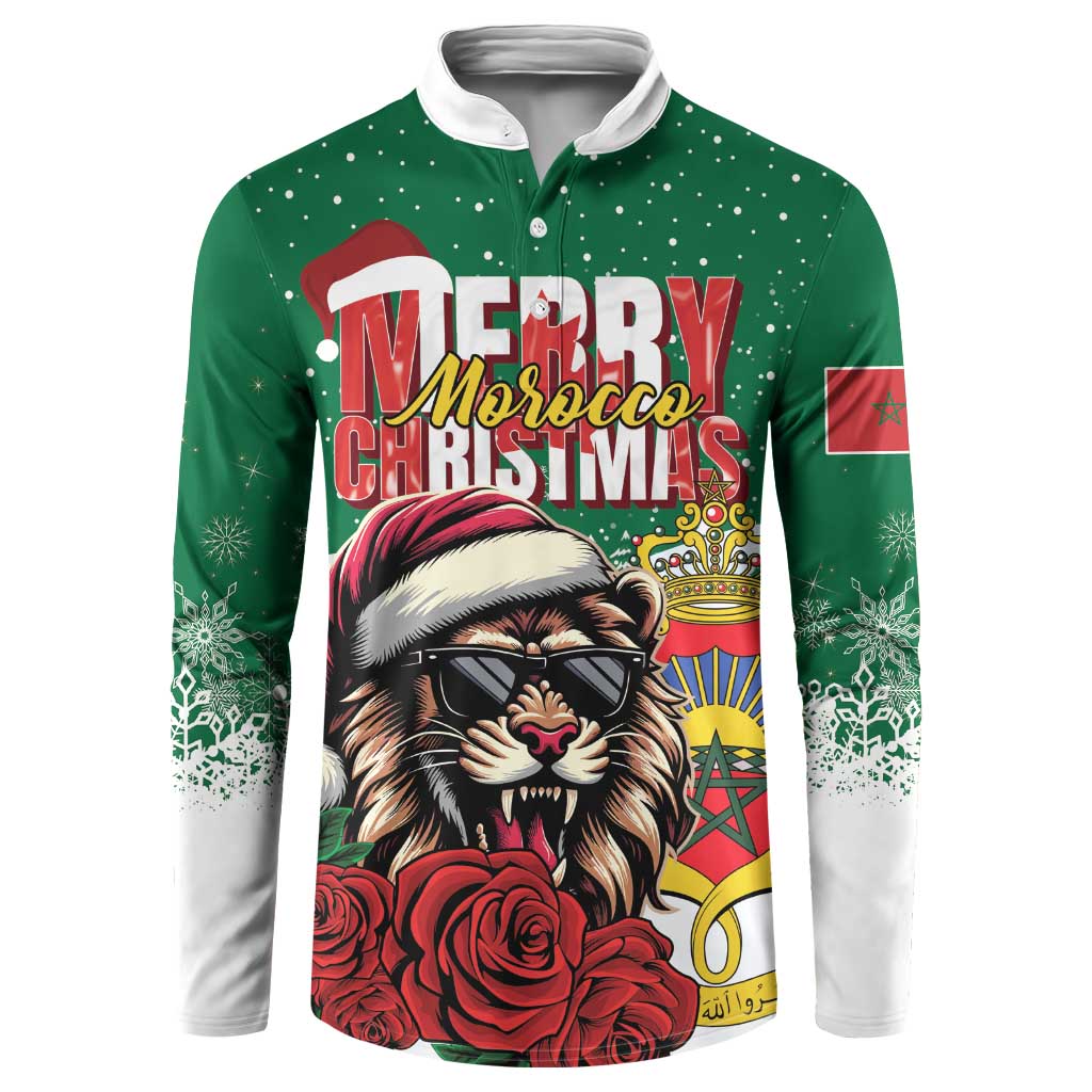 Green button-front sweatshirt with lion Santa graphic, roses, long sleeves