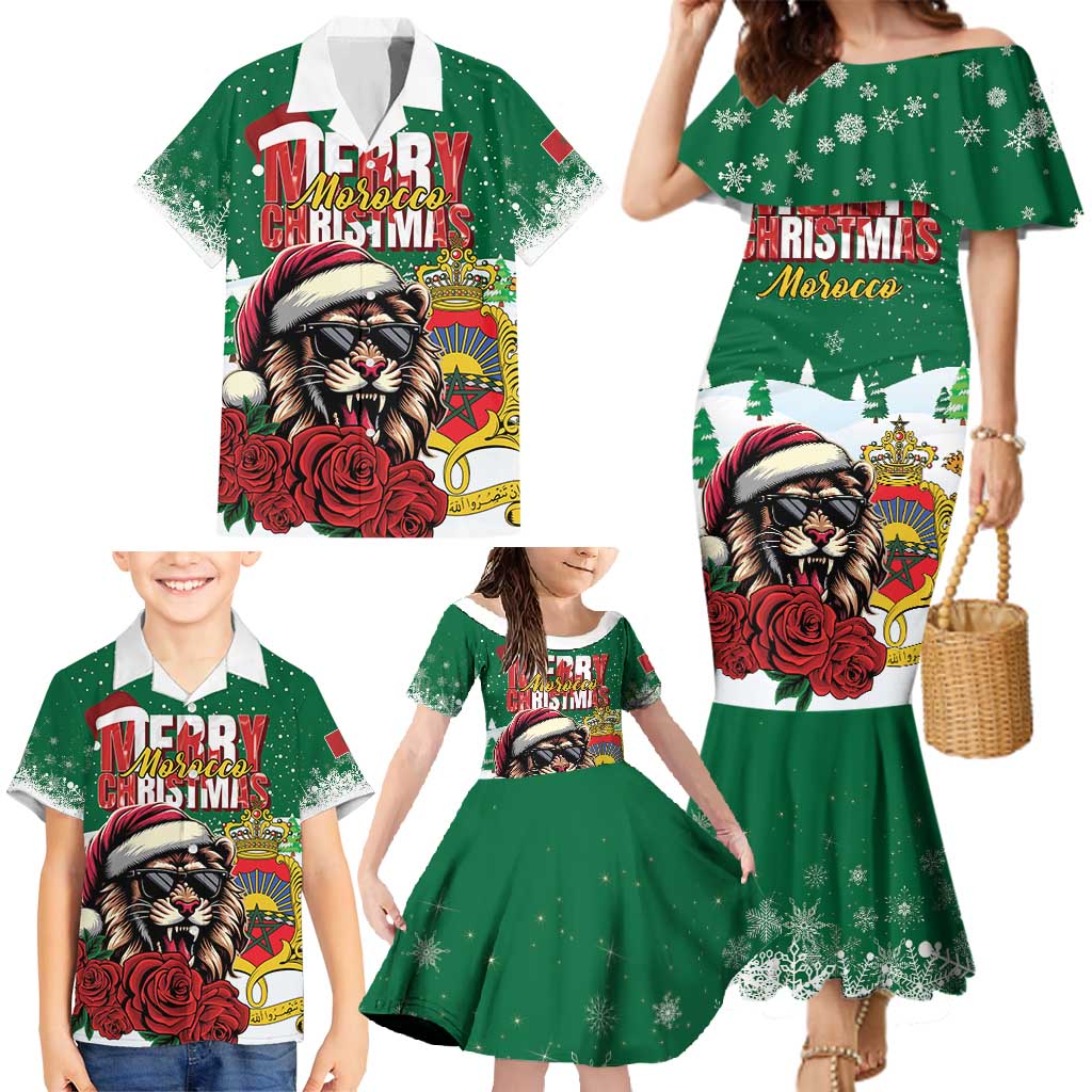 Morocco Christmas Family Matching Mermaid Dress and Hawaiian Shirt Santa Lion With Rose Xmas Vibe