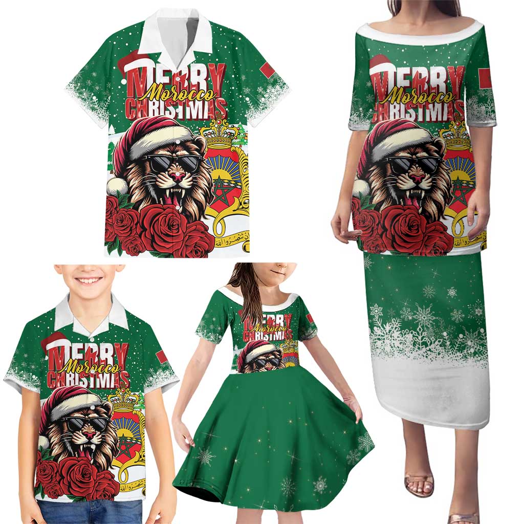 Morocco Christmas Family Matching Puletasi and Hawaiian Shirt Santa Lion With Rose Xmas Vibe