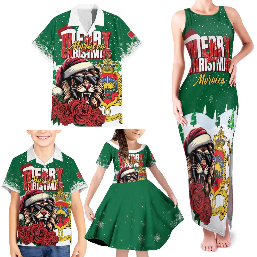 Morocco Christmas Family Matching Tank Maxi Dress and Hawaiian Shirt Santa Lion With Rose Xmas Vibe