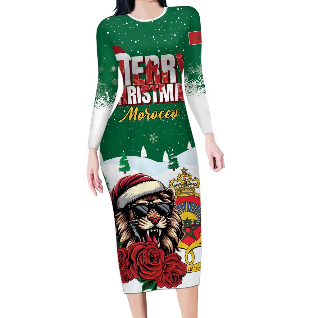 Morocco Christmas Long Sleeve Bodycon Dress Santa Lion With Rose Xmas Vibe - Wonder Print Shop