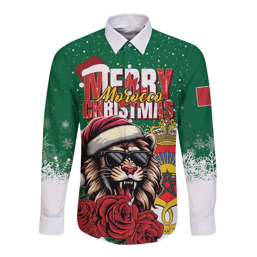 Green long-sleeve button shirt with 'Merry Christmas' front graphic, lion face and roses