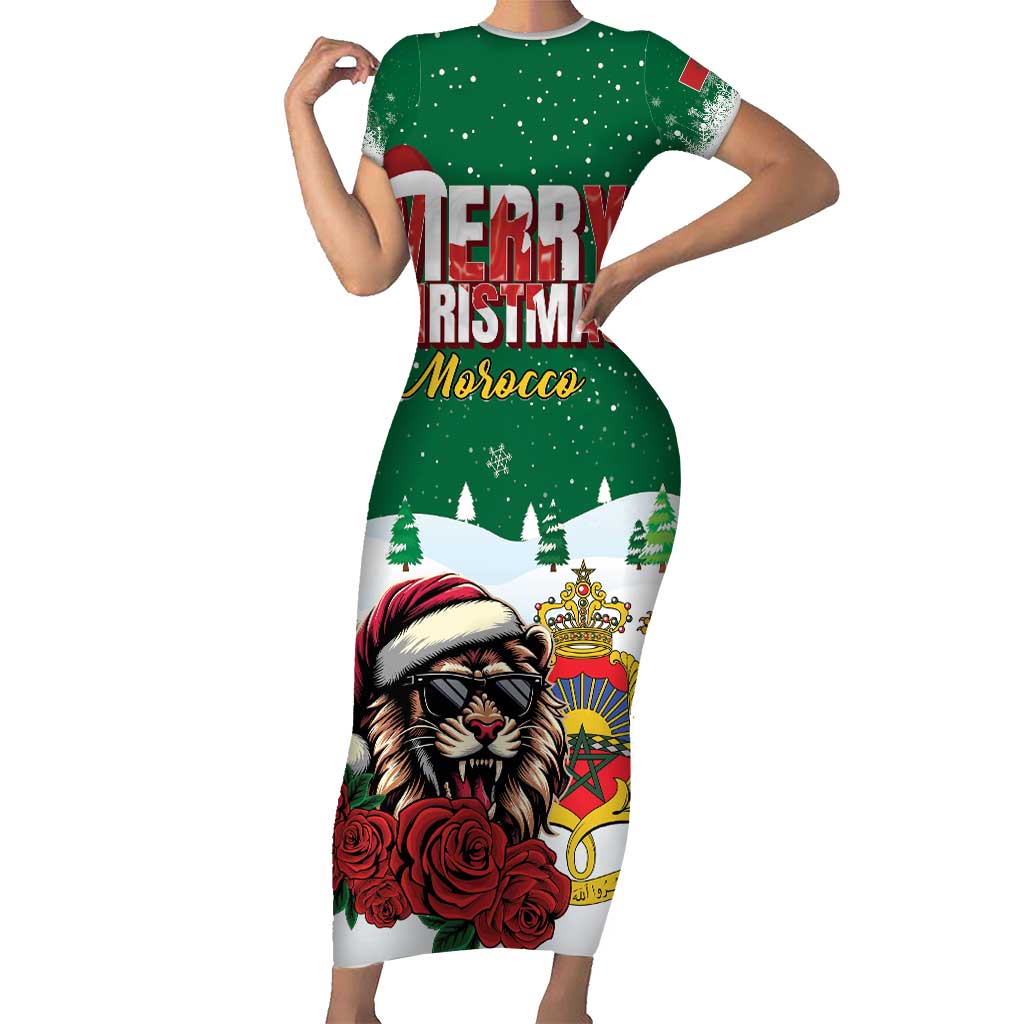 Morocco Christmas Short Sleeve Bodycon Dress Santa Lion With Rose Xmas Vibe - Wonder Print Shop