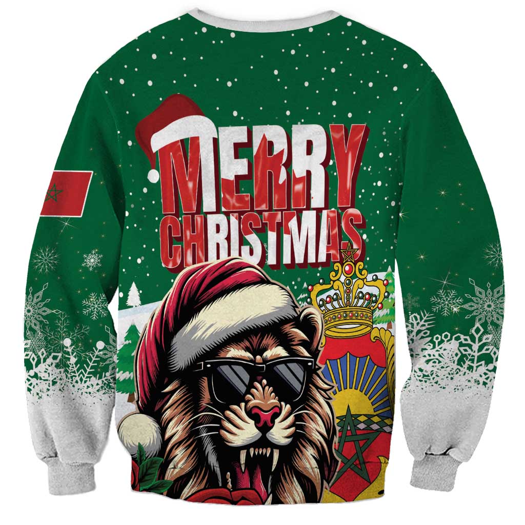 Unisex green Christmas sweatshirt with Santa lion in sunglasses, crown, and Merry Christmas design