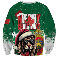Unisex green Christmas sweatshirt with Santa lion in sunglasses, crown, and Merry Christmas design