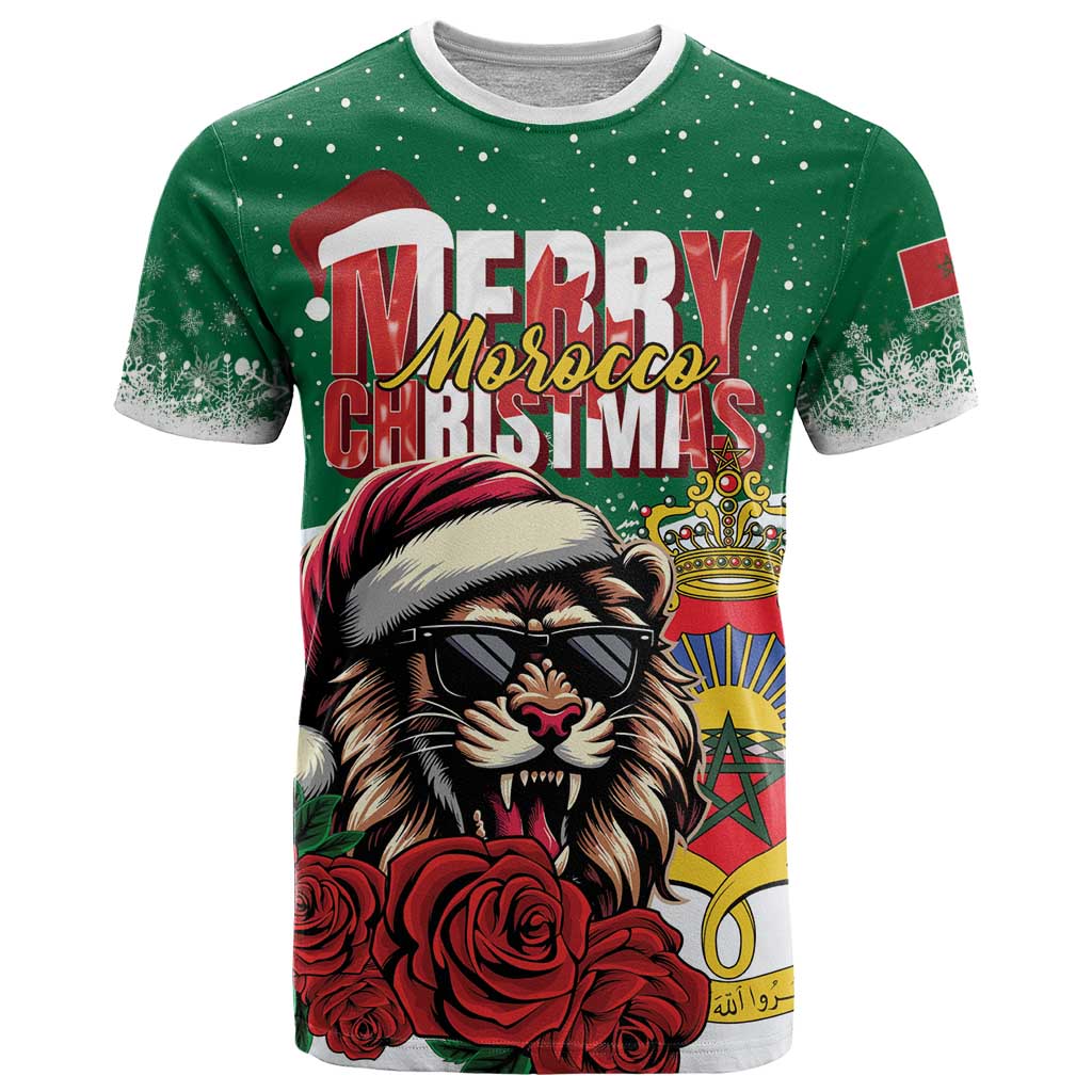 Morocco Christmas T Shirt Santa Lion With Rose Xmas Vibe