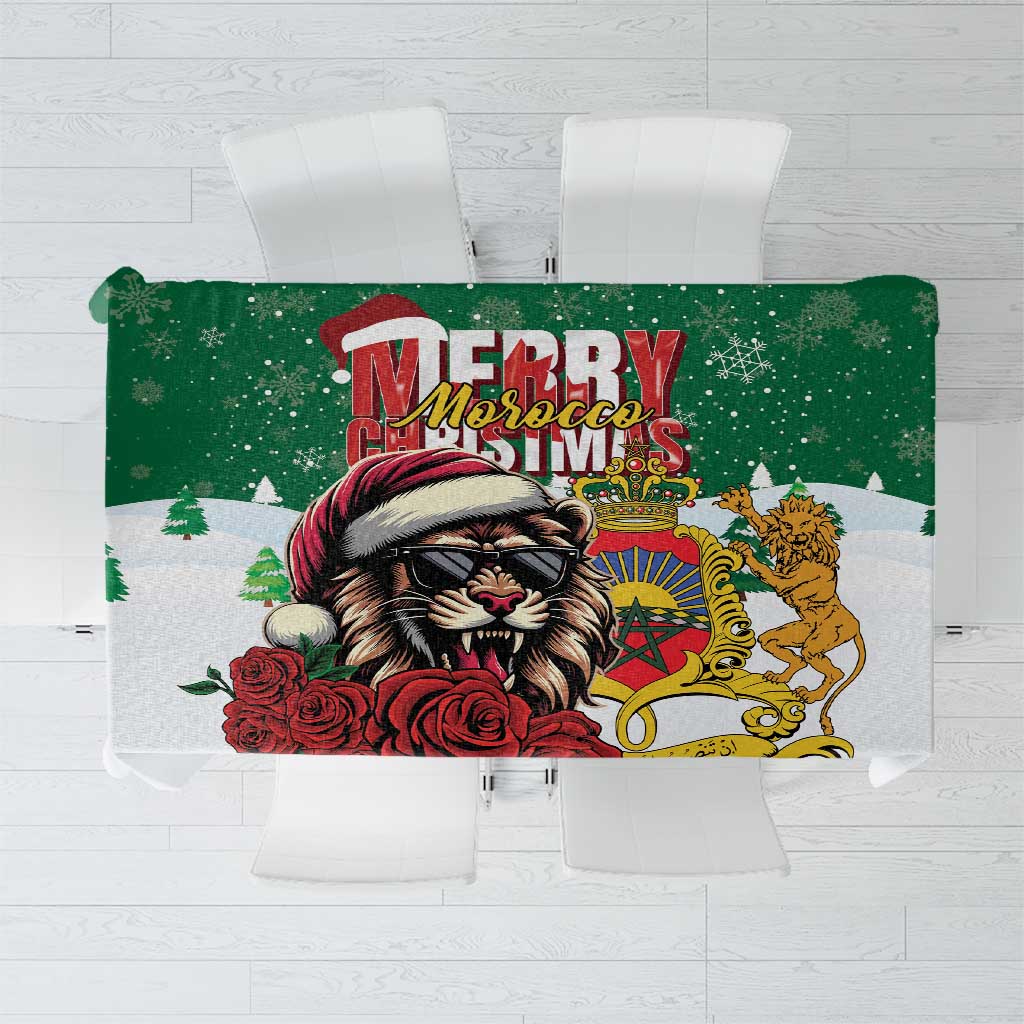 Green Christmas tablecloth with lion and Santa, roses, and “Merry Morocco’s” graphic
