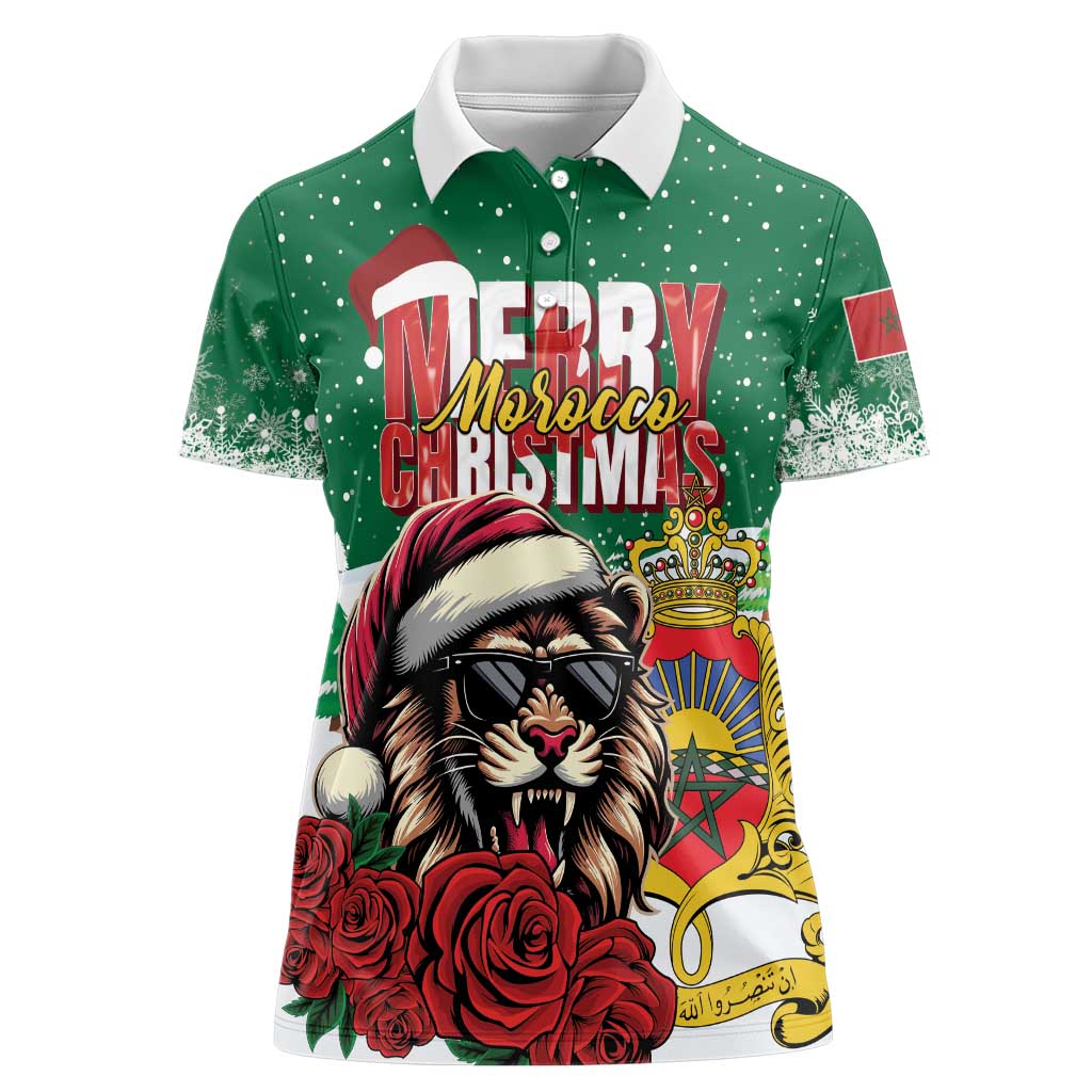 Morocco Christmas Women Polo Shirt Santa Lion With Rose Xmas Vibe - Wonder Print Shop