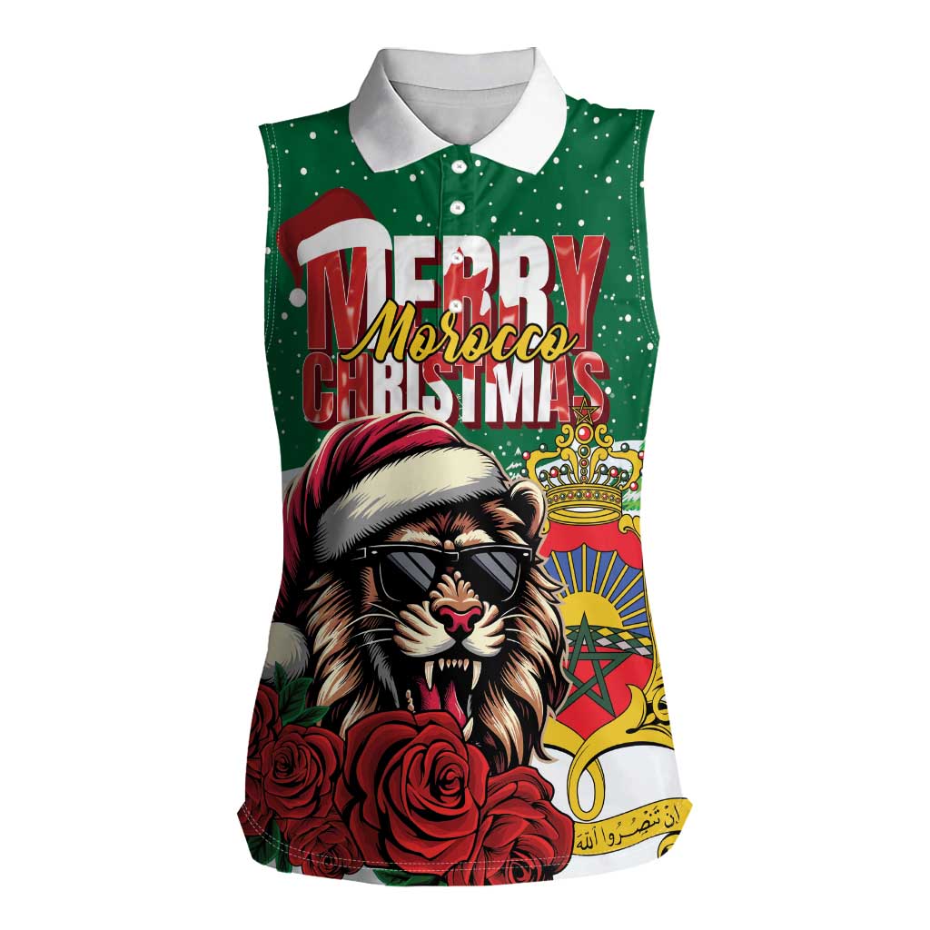 Morocco Christmas Women Sleeveless Polo Shirt Santa Lion With Rose Xmas Vibe - Wonder Print Shop