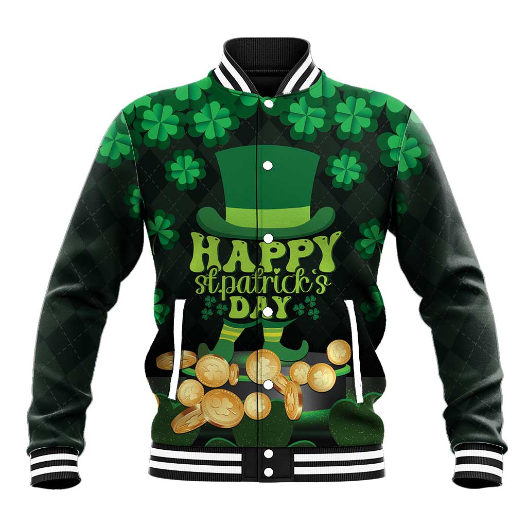 Unisex green baseball jacket with shamrock print, striped collar and cuffs, front graphic
