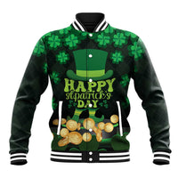 Unisex green baseball jacket with shamrock print, striped collar and cuffs, front graphic