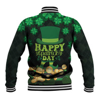 Unisex green baseball jacket with shamrock print, striped cuffs, back 'Happy St Patrick's Day'