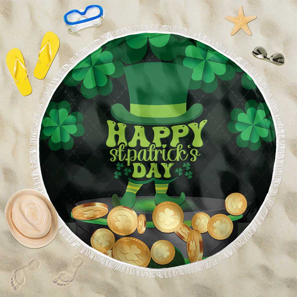Round St. Patrick's Day beach blanket with green hat, shamrocks, gold coins and white fringe