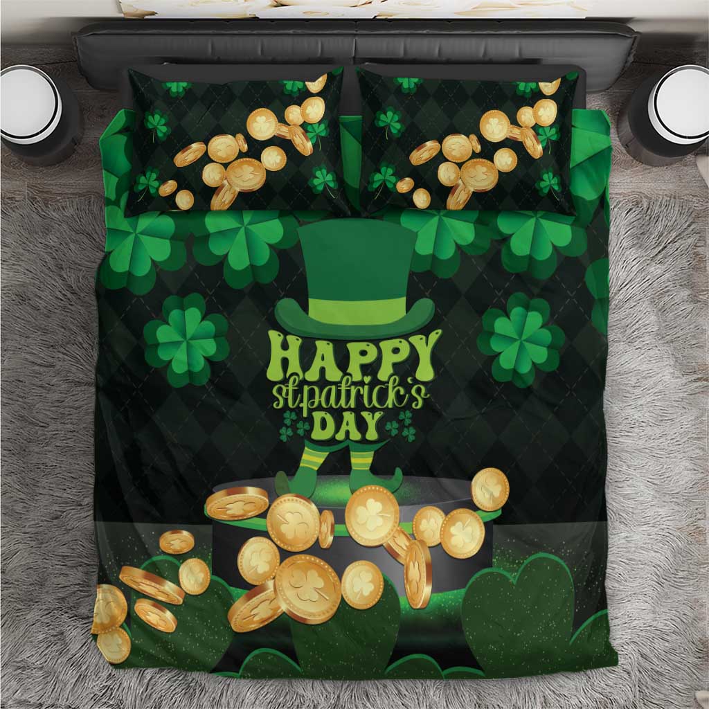 Green and black St Patrick's Day bedding set with shamrocks, coins, and 'Happy St Patrick's Day'.