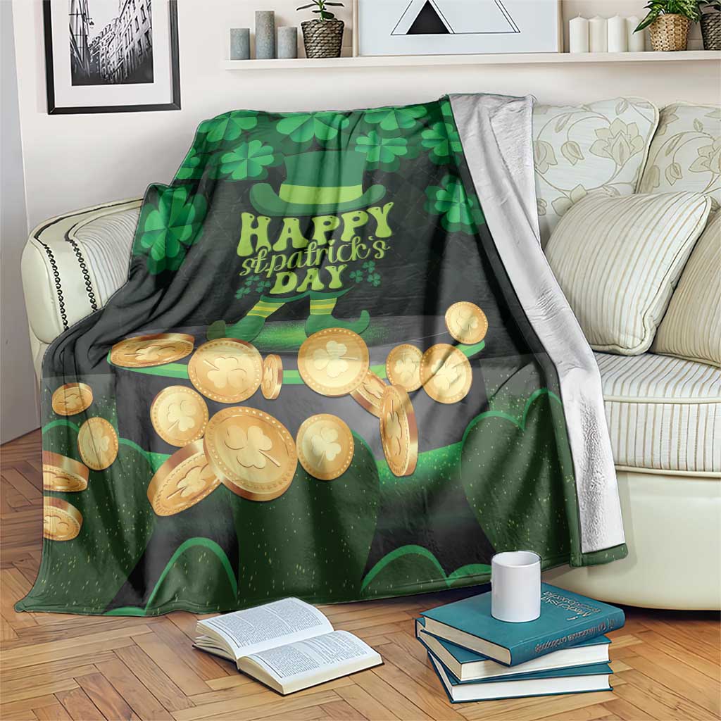 St Patrick's Day blanket with shamrocks, gold coins, and “Happy St Patrick’s Day” text