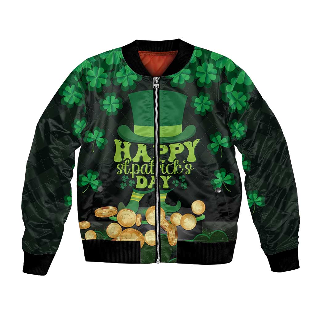 Unisex bomber jacket in green and black with shamrocks, coin graphic, and front zipper