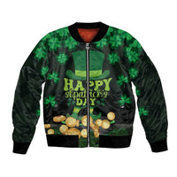 Unisex bomber jacket in green and black with shamrocks, coin graphic, and front zipper