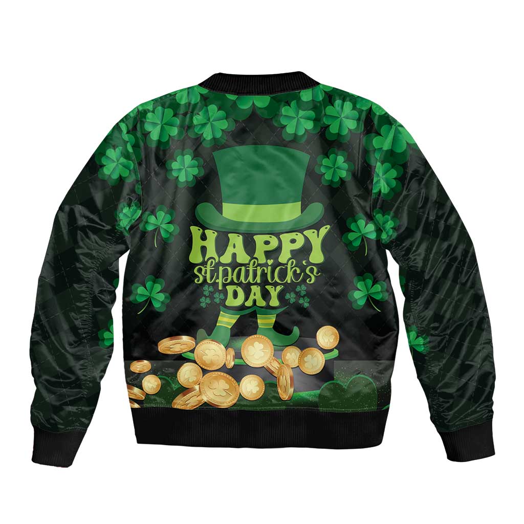 Unisex bomber jacket, green and black, shamrock pattern with Happy St Patrick's Day text