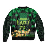 Unisex bomber jacket, green and black, shamrock pattern with Happy St Patrick's Day text
