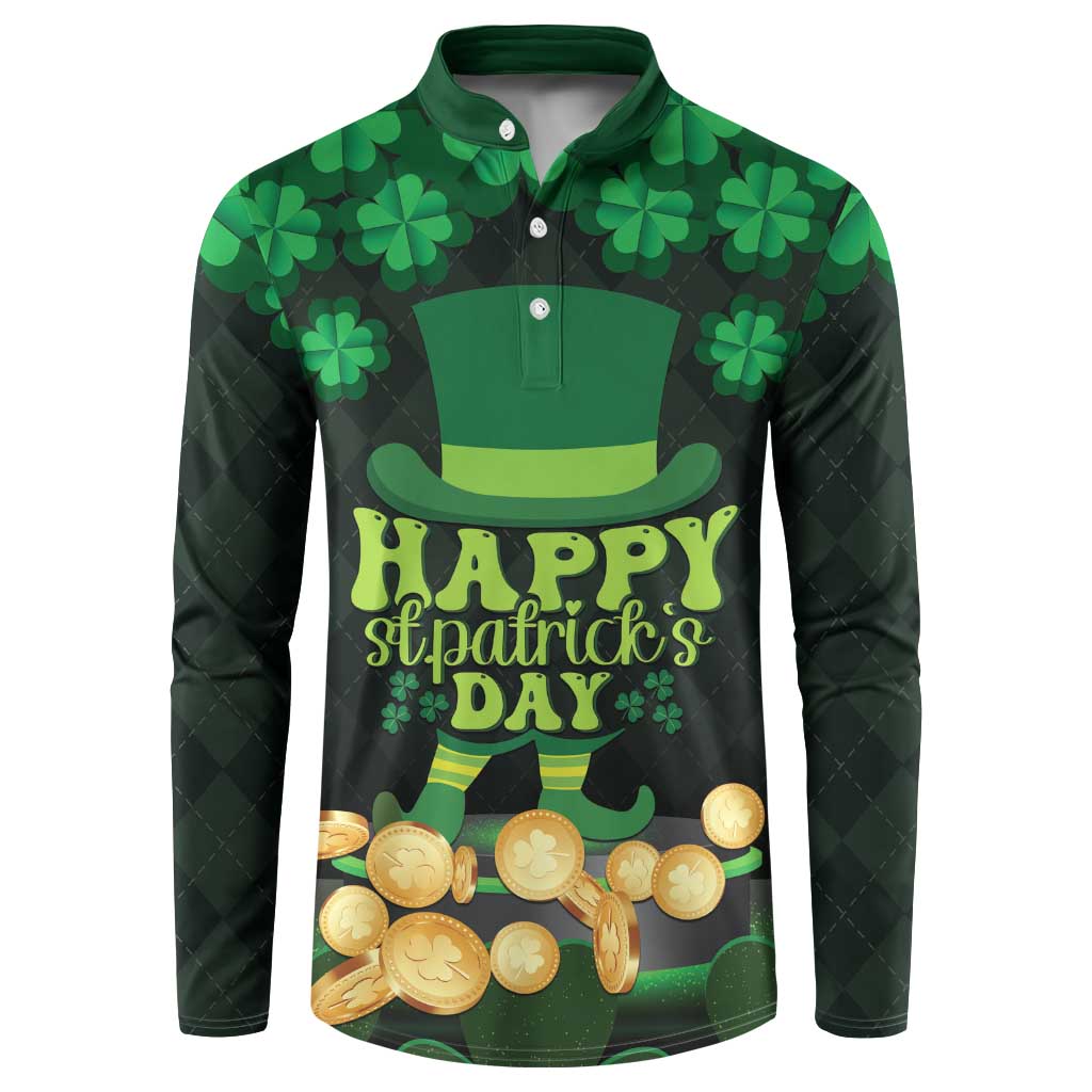 Men's green button sweatshirt with shamrock pattern and 'Happy St. Patrick's Day' graphic