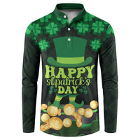 Men's green button sweatshirt with shamrock pattern and 'Happy St. Patrick's Day' graphic