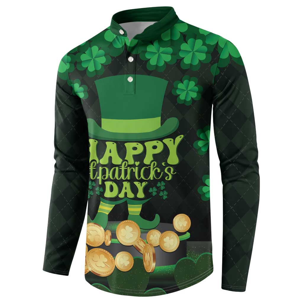 Men's green button sweatshirt with shamrocks, top hat, and 'Happy St. Patrick's Day' text