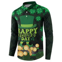 Men's green button sweatshirt with shamrocks, top hat, and 'Happy St. Patrick's Day' text