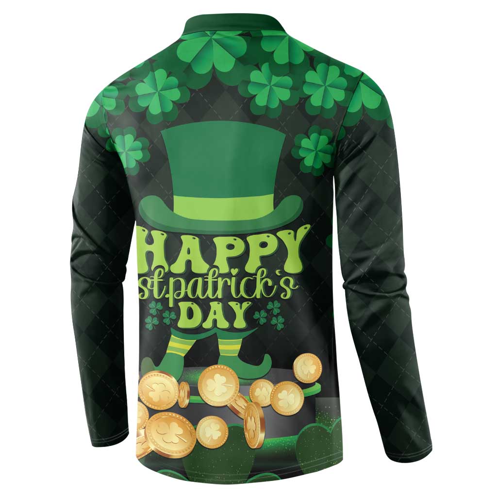 Men's green button sweatshirt, back view, shamrocks and 'Happy St. Patrick's Day' text