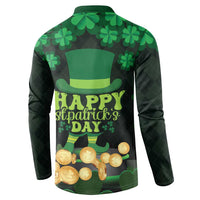 Men's green button sweatshirt, back view, shamrocks and 'Happy St. Patrick's Day' text