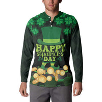 Men's green button sweatshirt with shamrocks, top hat, and coin graphic on front