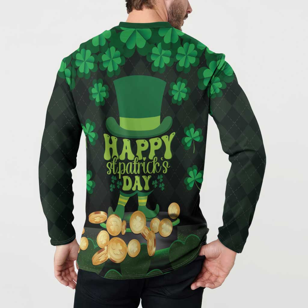 Men's green button sweatshirt, back view, shamrocks and coin graphic with 'Happy St. Patrick's Day'