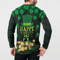 Men's green button sweatshirt, back view, shamrocks and coin graphic with 'Happy St. Patrick's Day'