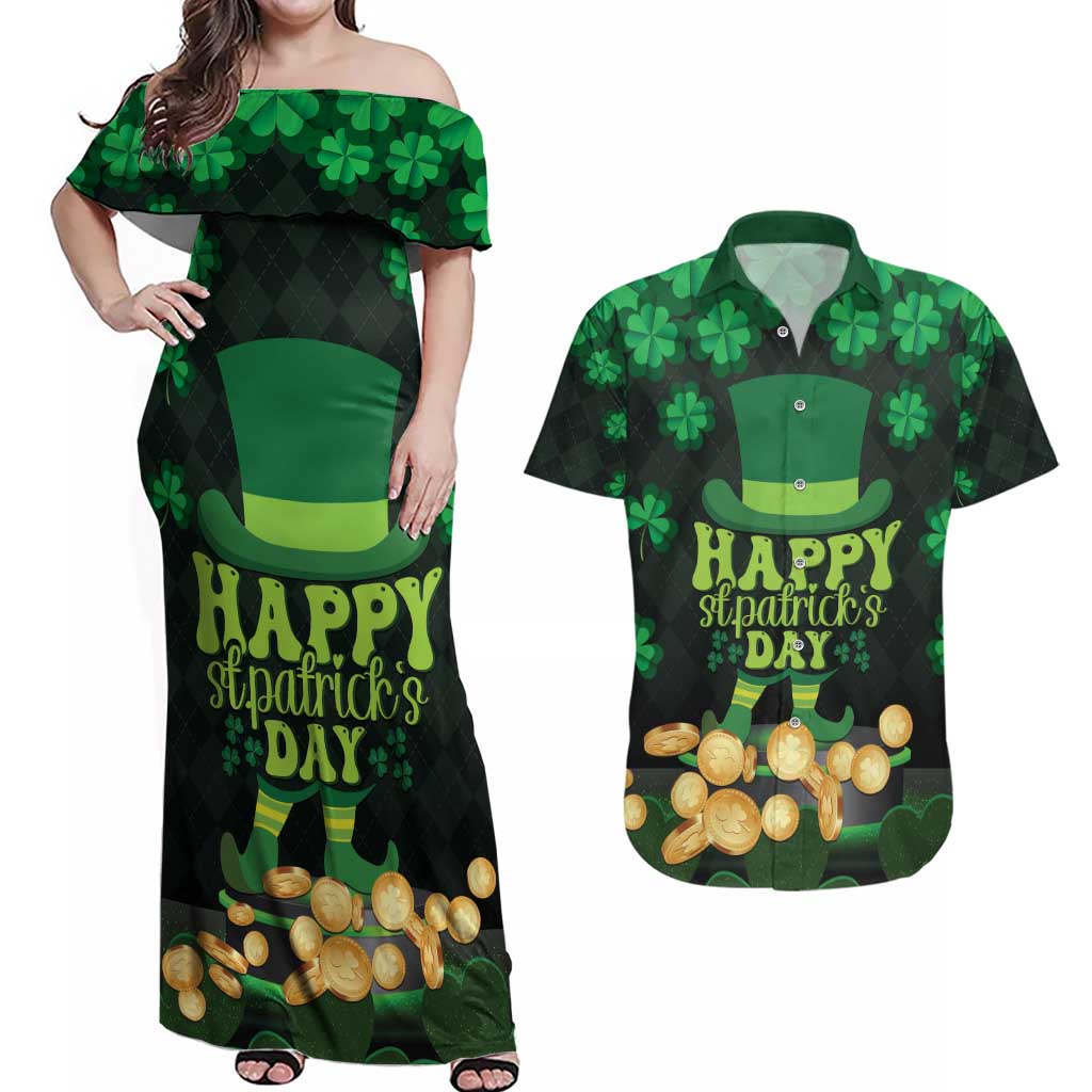 Ireland St Patrick's Day Couples Matching Off Shoulder Maxi Dress and Hawaiian Shirt Irish Shamrocks Leprechaun