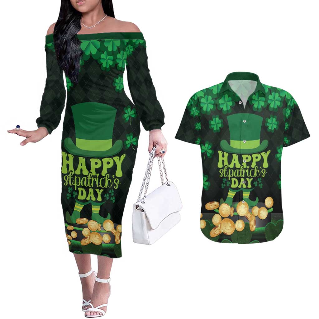 Ireland St Patrick's Day Couples Matching Off The Shoulder Long Sleeve Dress and Hawaiian Shirt Irish Shamrocks Leprechaun