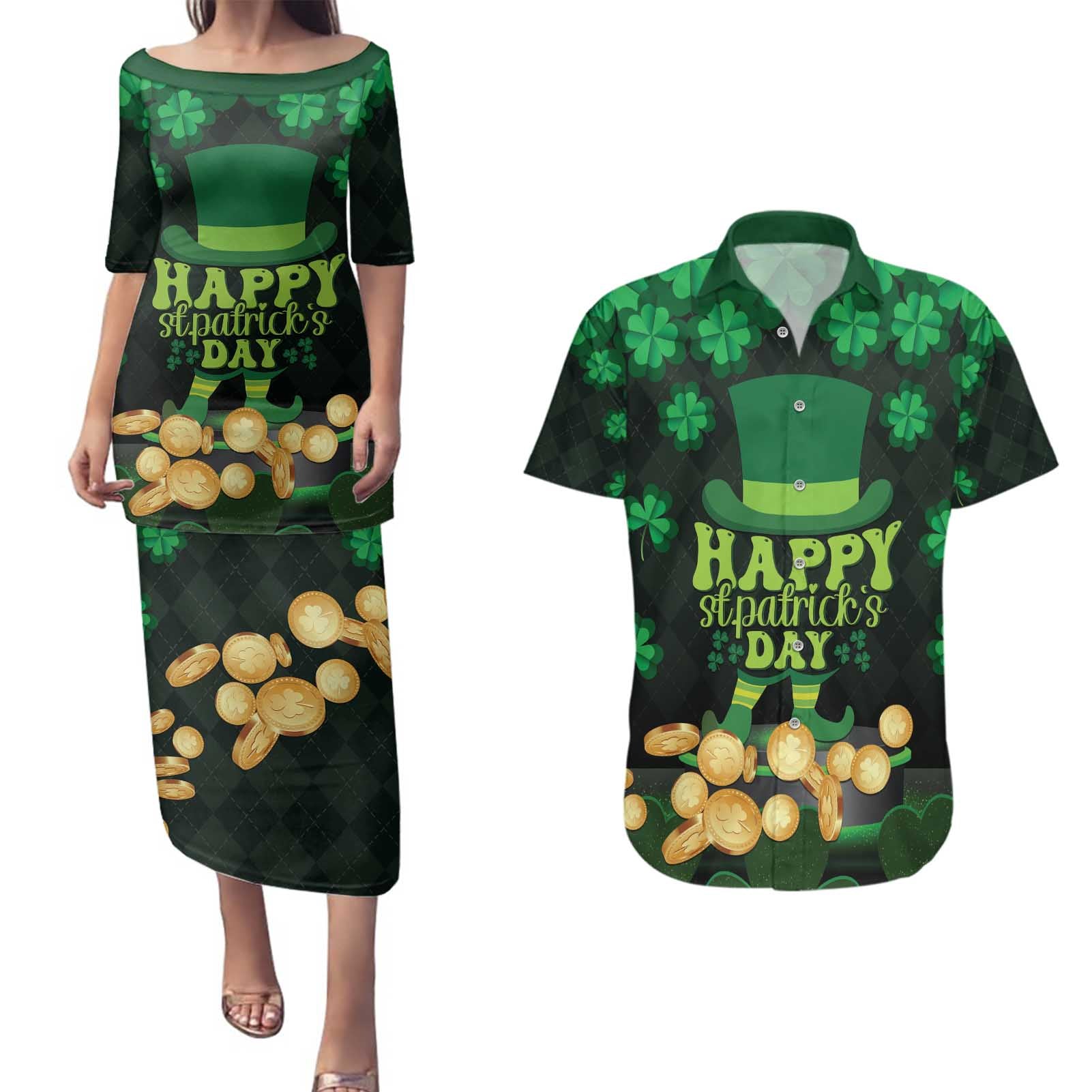 Ireland St Patrick's Day Couples Matching Puletasi and Hawaiian Shirt Irish Shamrocks Leprechaun