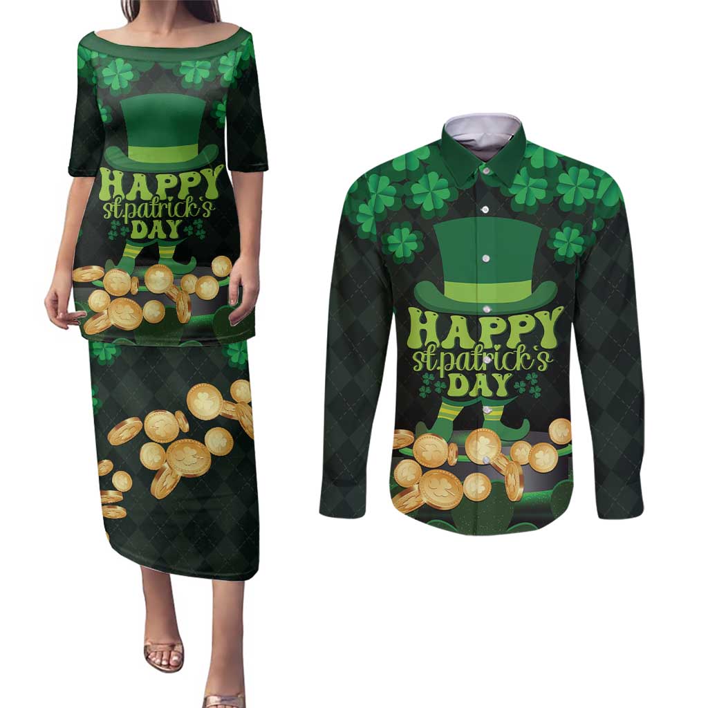 Ireland St Patrick's Day Couples Matching Puletasi and Long Sleeve Button Shirt Irish Shamrocks Leprechaun